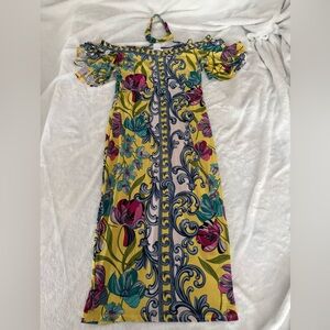 Venus Yellow Multi Colored Cold Shoulder Bodycon Maxi Stretch Dress XS